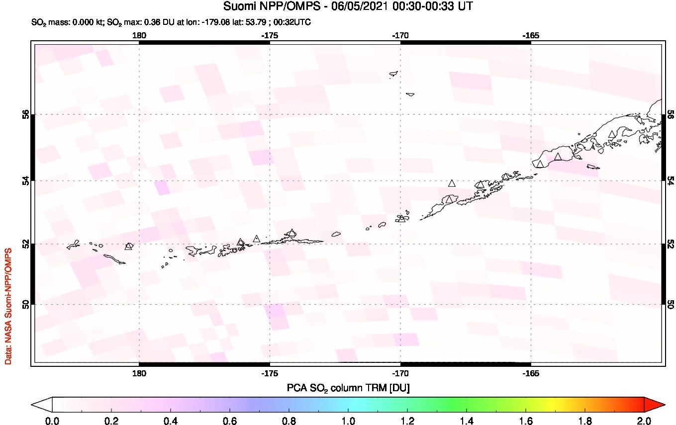 A sulfur dioxide image over Aleutian Islands, Alaska, USA on Jun 05, 2021.