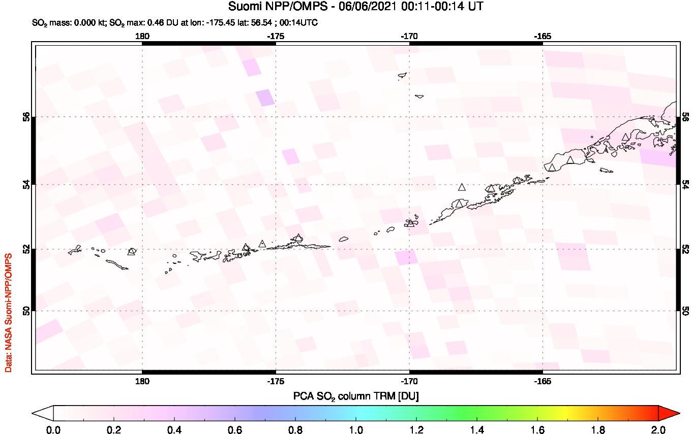 A sulfur dioxide image over Aleutian Islands, Alaska, USA on Jun 06, 2021.