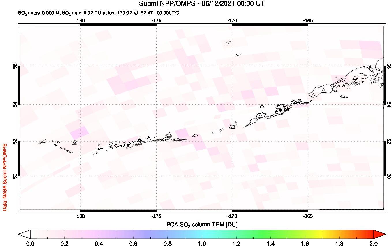 A sulfur dioxide image over Aleutian Islands, Alaska, USA on Jun 12, 2021.