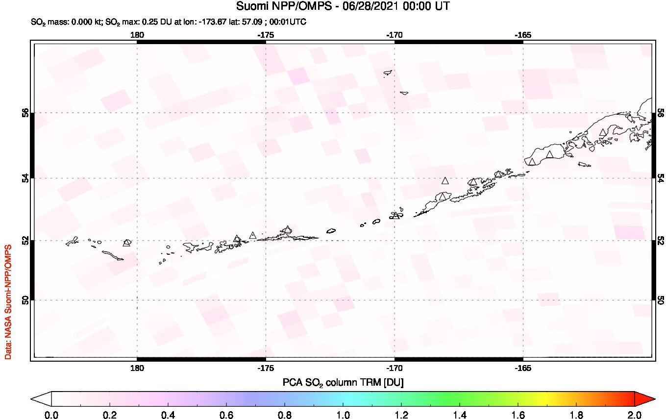 A sulfur dioxide image over Aleutian Islands, Alaska, USA on Jun 28, 2021.