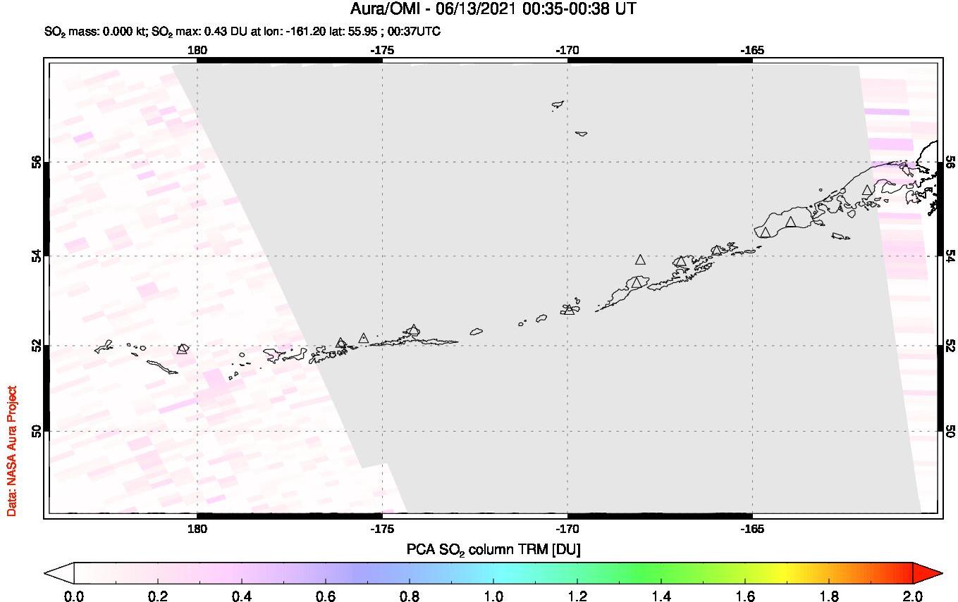 A sulfur dioxide image over Aleutian Islands, Alaska, USA on Jun 13, 2021.
