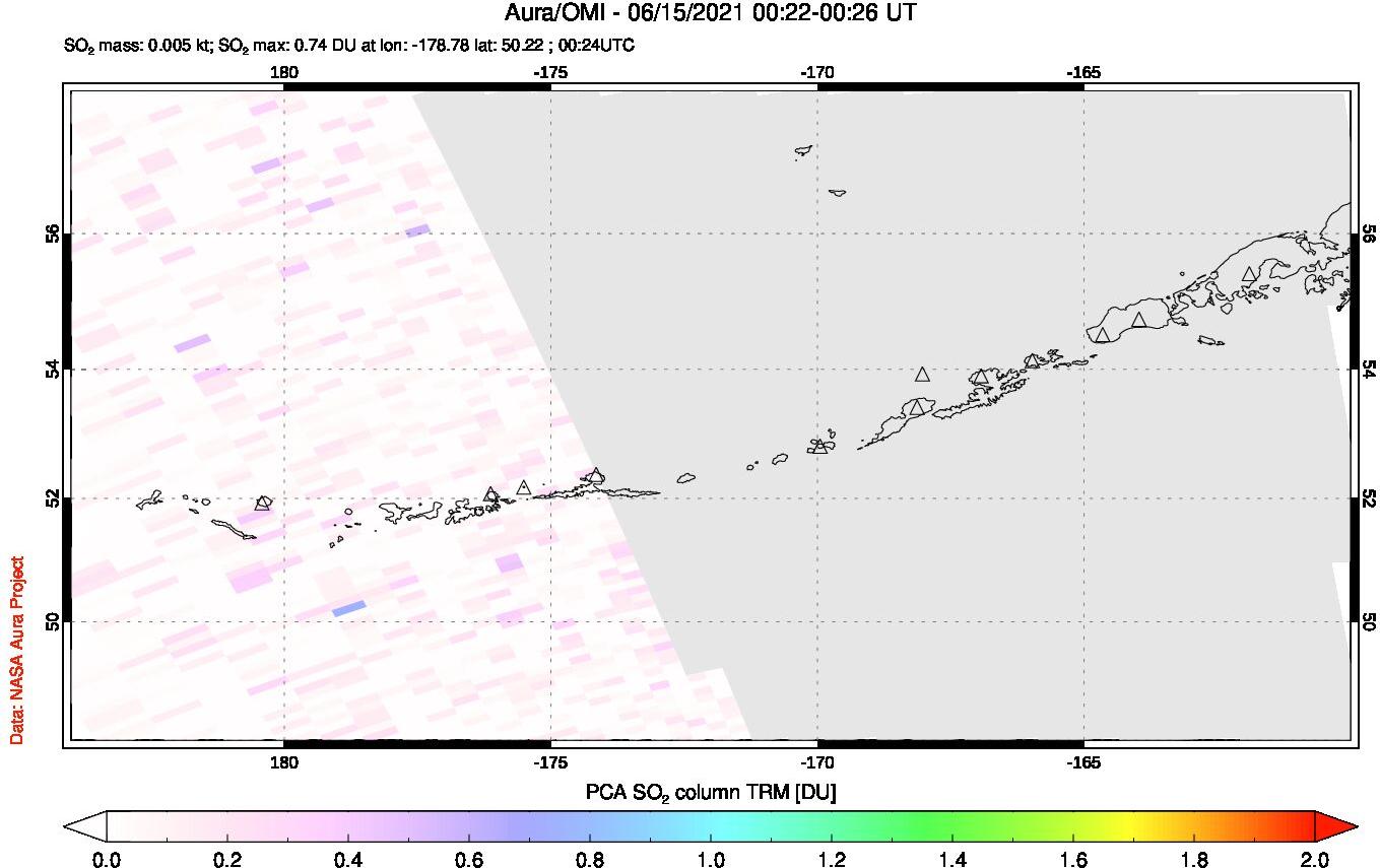 A sulfur dioxide image over Aleutian Islands, Alaska, USA on Jun 15, 2021.