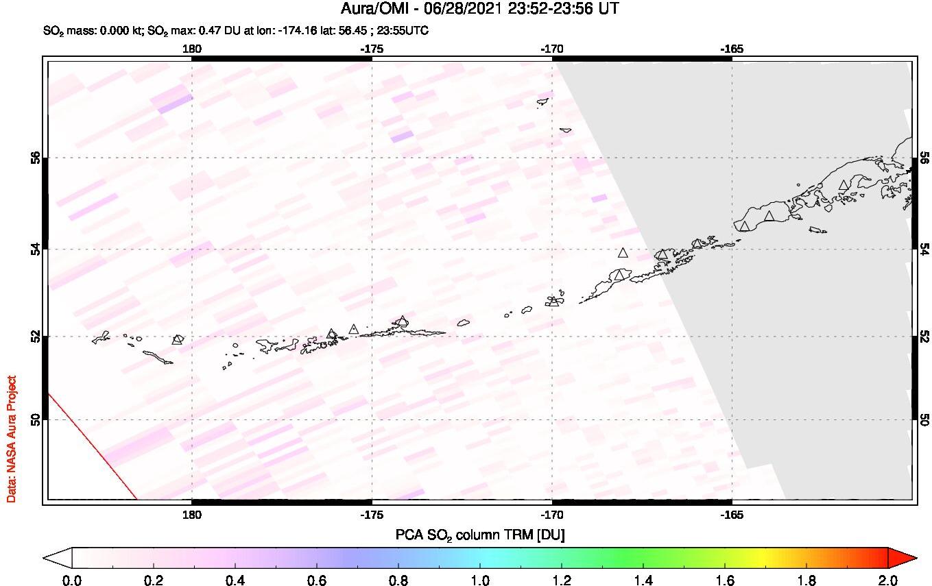 A sulfur dioxide image over Aleutian Islands, Alaska, USA on Jun 28, 2021.