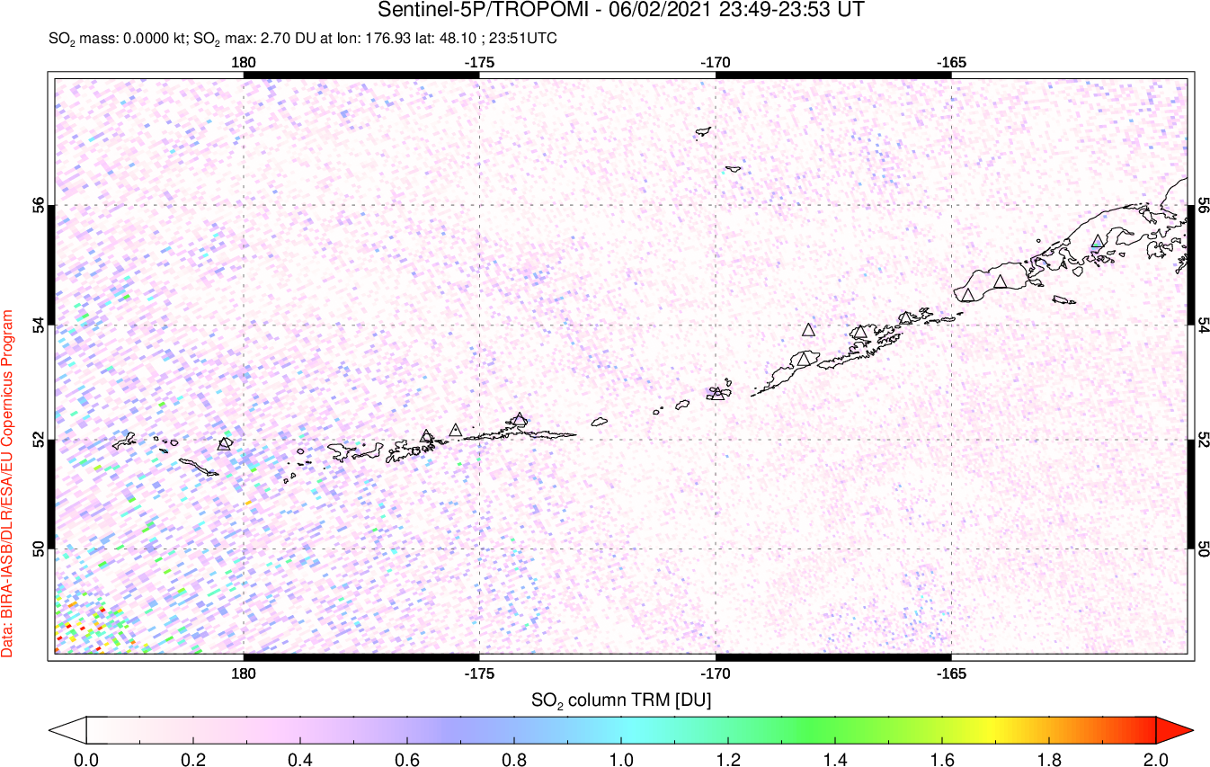 A sulfur dioxide image over Aleutian Islands, Alaska, USA on Jun 02, 2021.