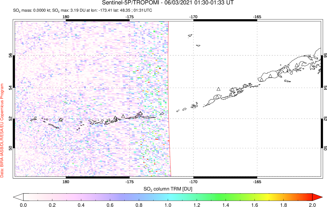 A sulfur dioxide image over Aleutian Islands, Alaska, USA on Jun 03, 2021.