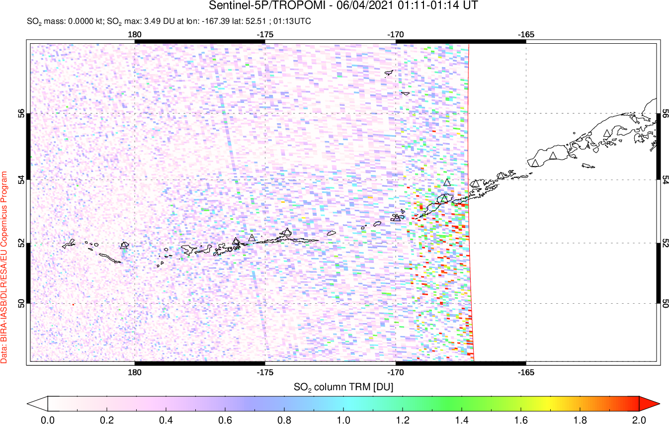 A sulfur dioxide image over Aleutian Islands, Alaska, USA on Jun 04, 2021.