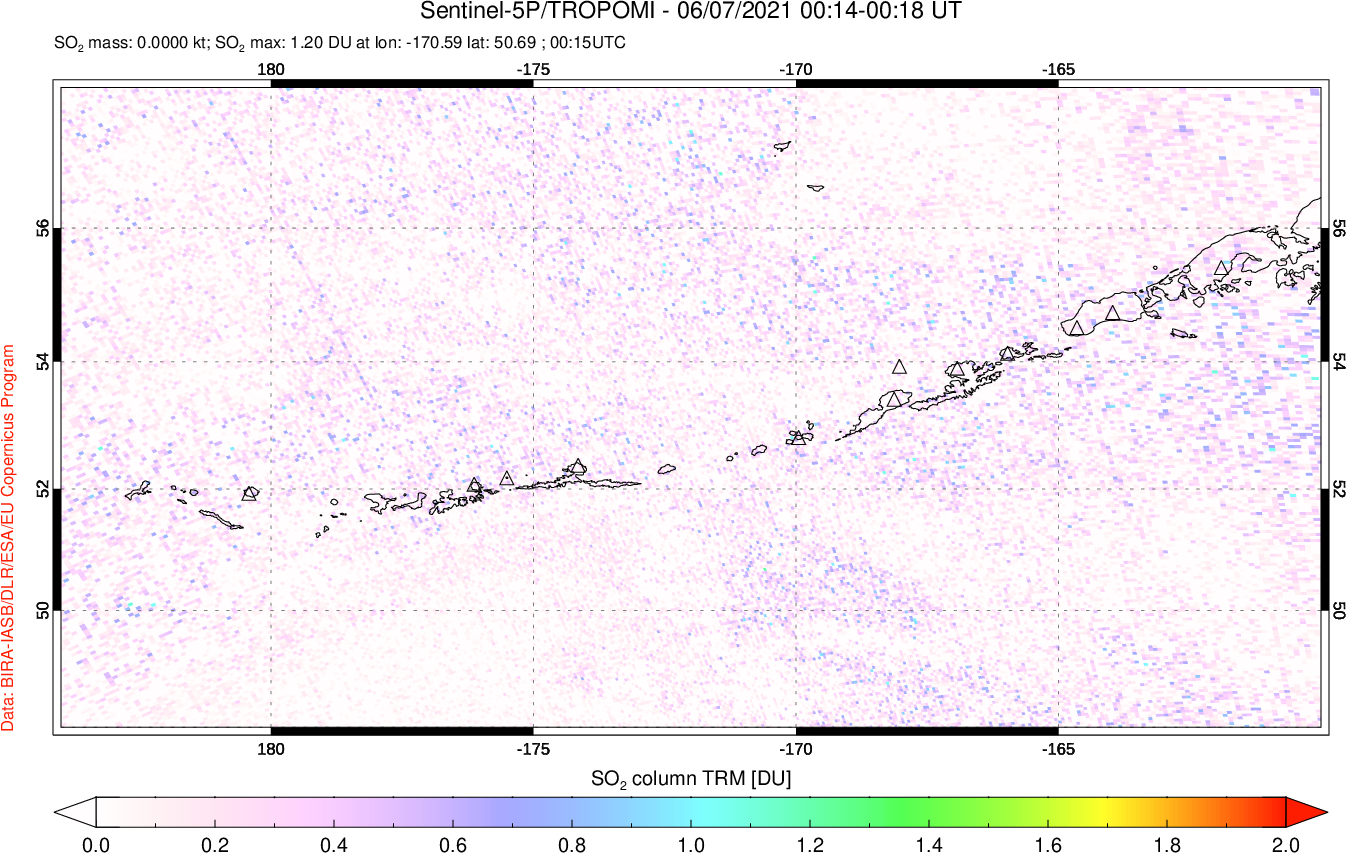 A sulfur dioxide image over Aleutian Islands, Alaska, USA on Jun 07, 2021.