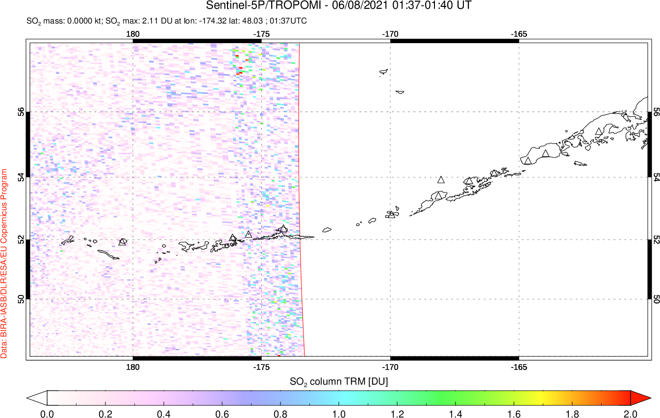 A sulfur dioxide image over Aleutian Islands, Alaska, USA on Jun 08, 2021.