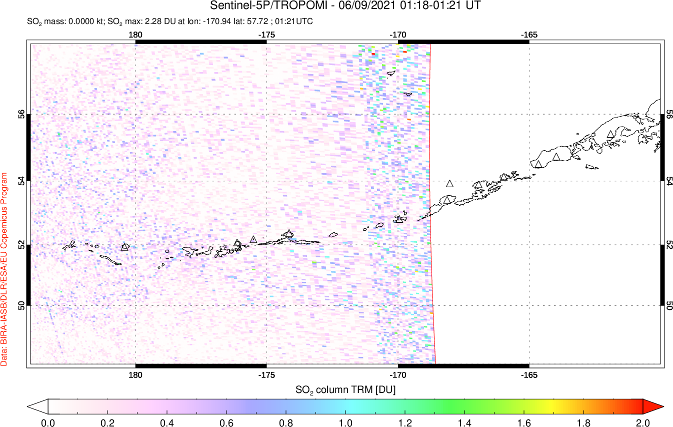 A sulfur dioxide image over Aleutian Islands, Alaska, USA on Jun 09, 2021.