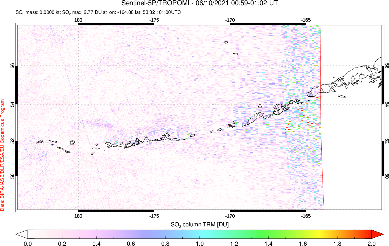 A sulfur dioxide image over Aleutian Islands, Alaska, USA on Jun 10, 2021.