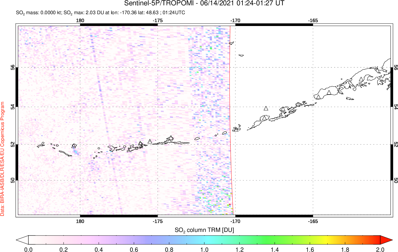A sulfur dioxide image over Aleutian Islands, Alaska, USA on Jun 14, 2021.