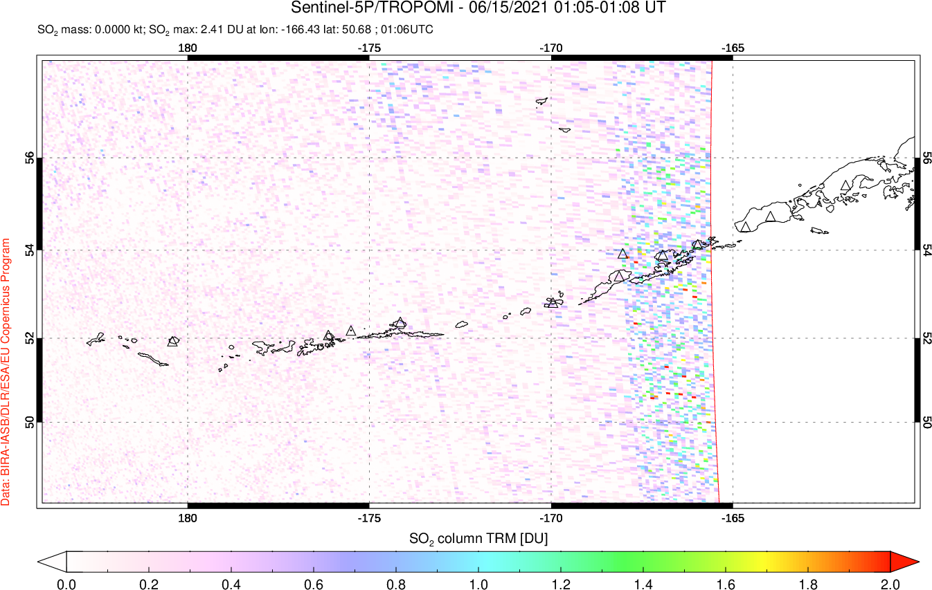 A sulfur dioxide image over Aleutian Islands, Alaska, USA on Jun 15, 2021.