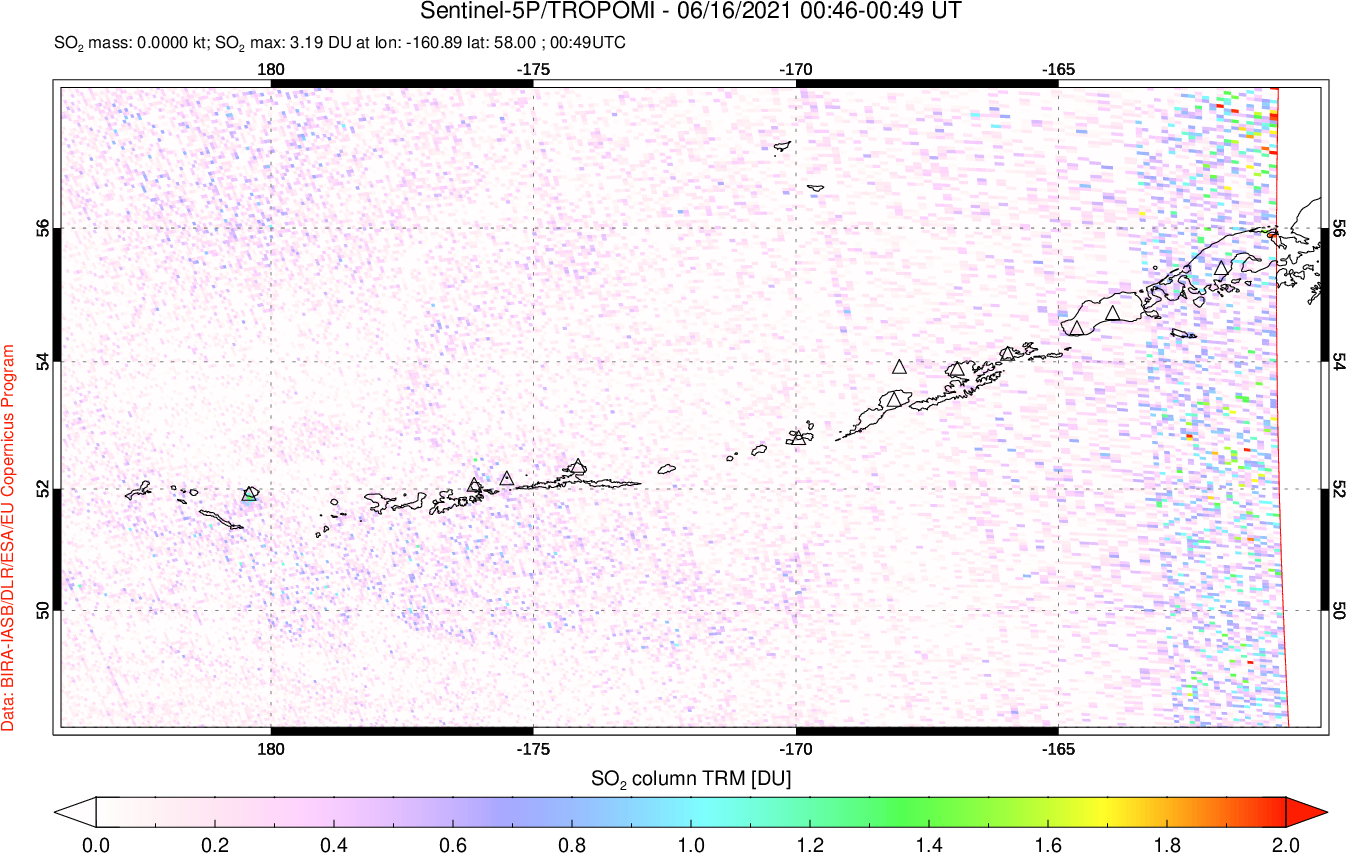 A sulfur dioxide image over Aleutian Islands, Alaska, USA on Jun 16, 2021.