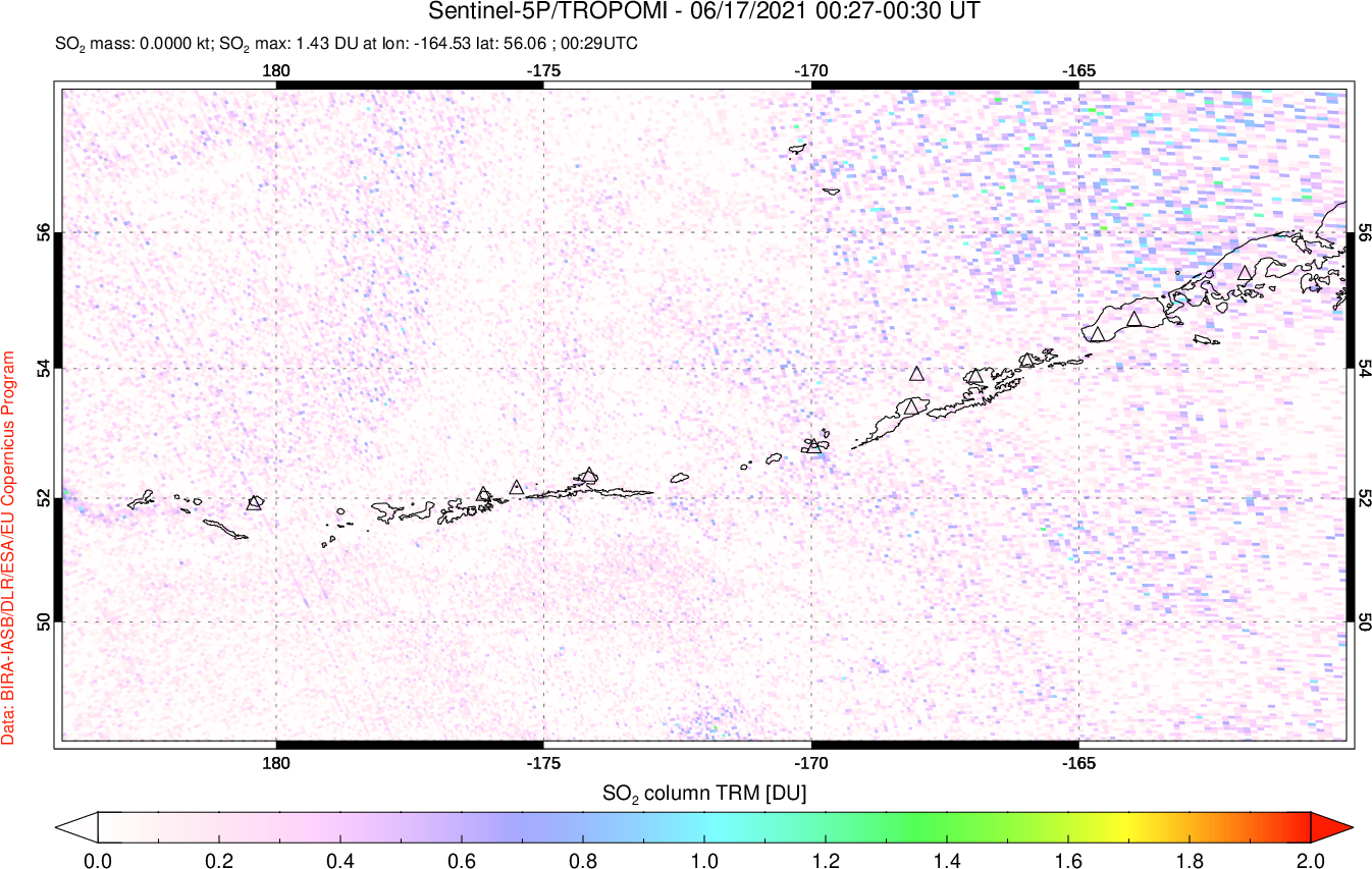 A sulfur dioxide image over Aleutian Islands, Alaska, USA on Jun 17, 2021.