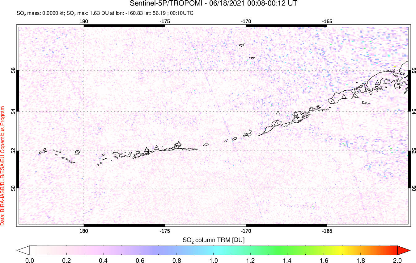 A sulfur dioxide image over Aleutian Islands, Alaska, USA on Jun 18, 2021.