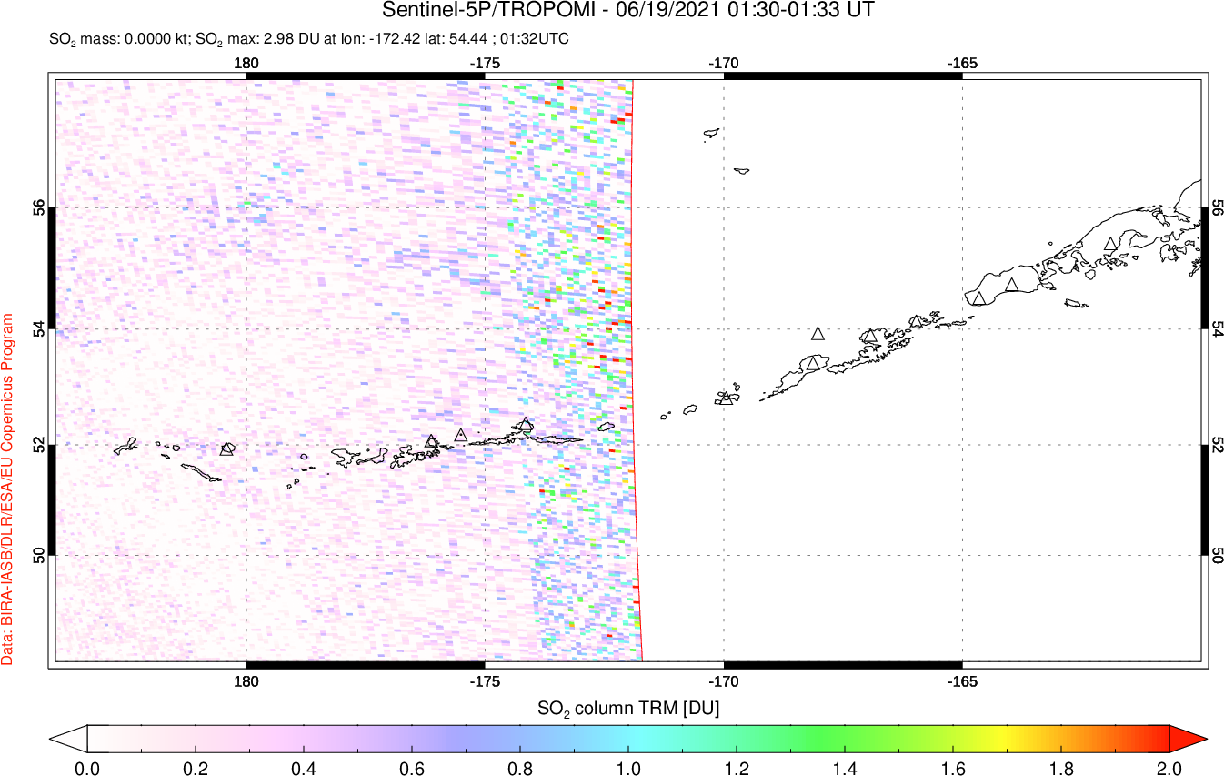 A sulfur dioxide image over Aleutian Islands, Alaska, USA on Jun 19, 2021.