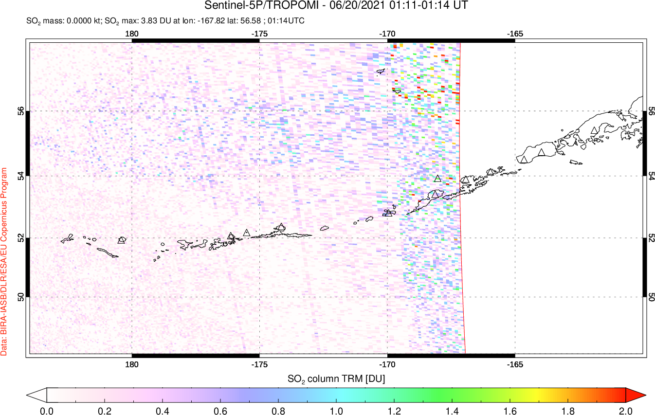 A sulfur dioxide image over Aleutian Islands, Alaska, USA on Jun 20, 2021.