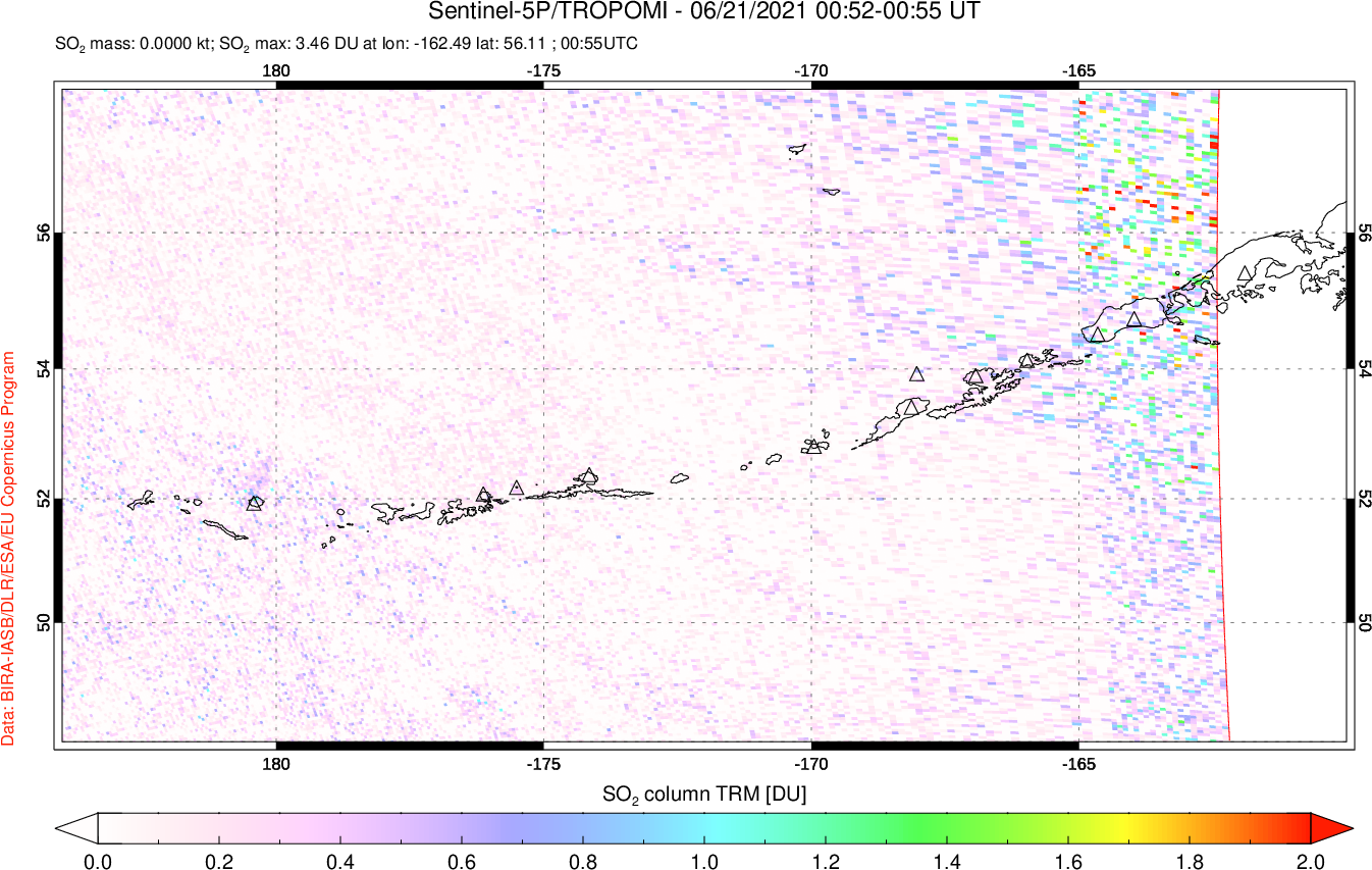 A sulfur dioxide image over Aleutian Islands, Alaska, USA on Jun 21, 2021.