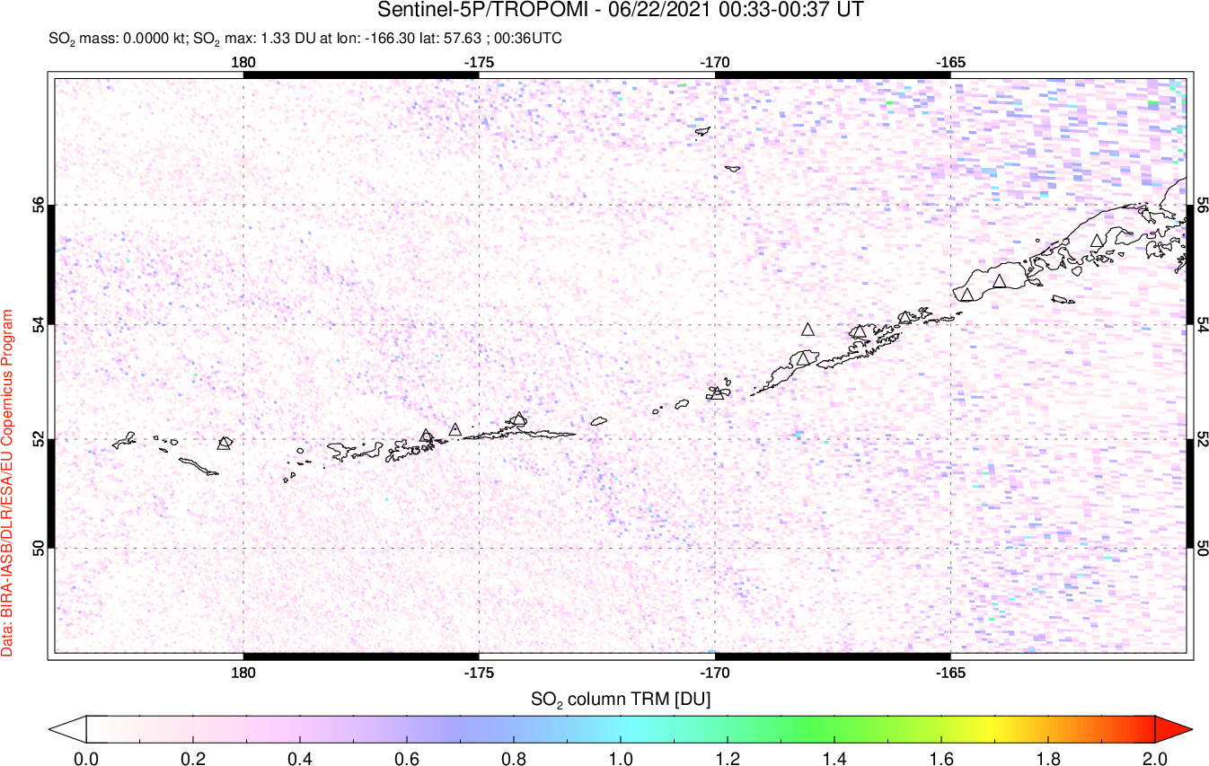 A sulfur dioxide image over Aleutian Islands, Alaska, USA on Jun 22, 2021.