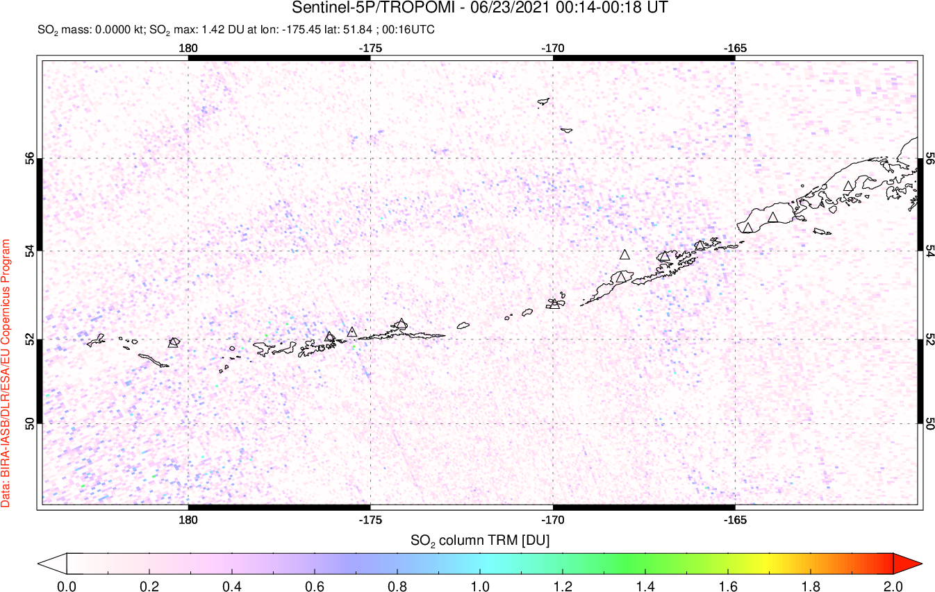 A sulfur dioxide image over Aleutian Islands, Alaska, USA on Jun 23, 2021.