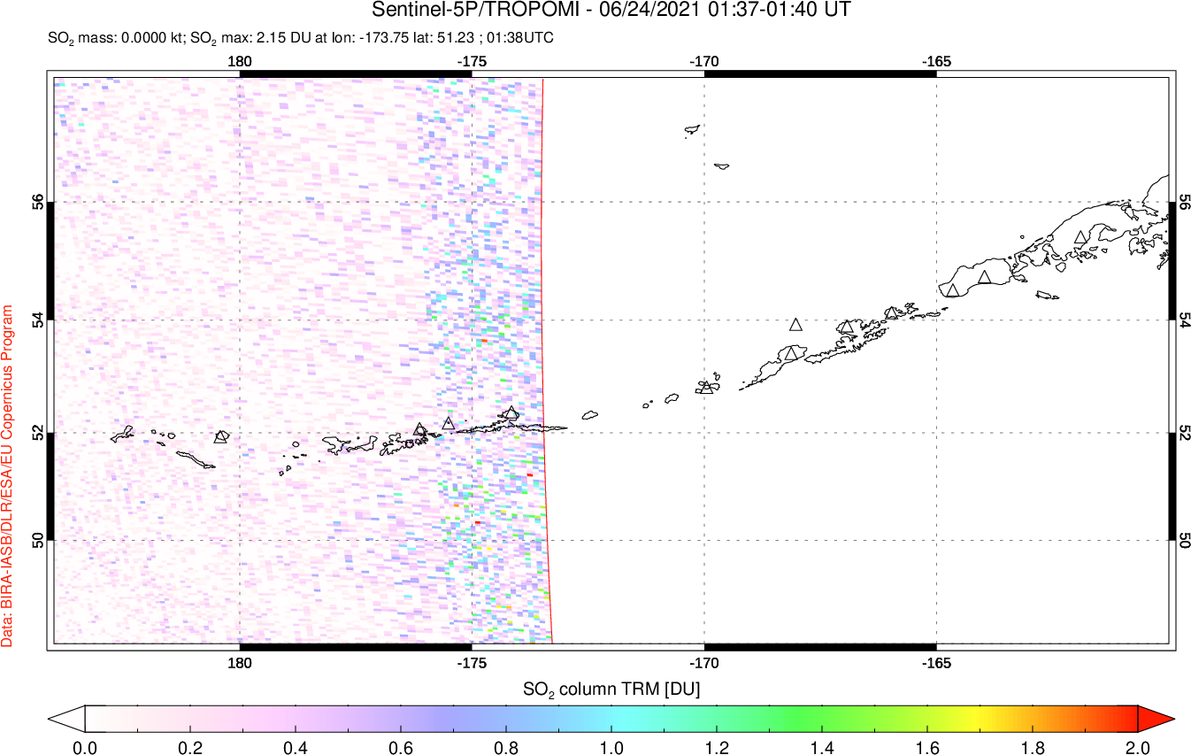 A sulfur dioxide image over Aleutian Islands, Alaska, USA on Jun 24, 2021.
