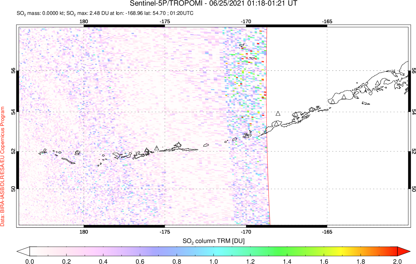 A sulfur dioxide image over Aleutian Islands, Alaska, USA on Jun 25, 2021.