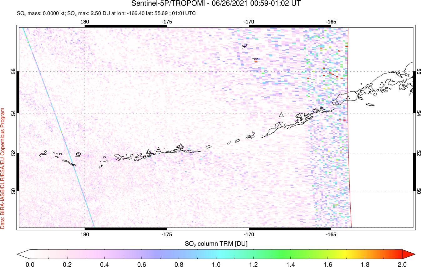 A sulfur dioxide image over Aleutian Islands, Alaska, USA on Jun 26, 2021.