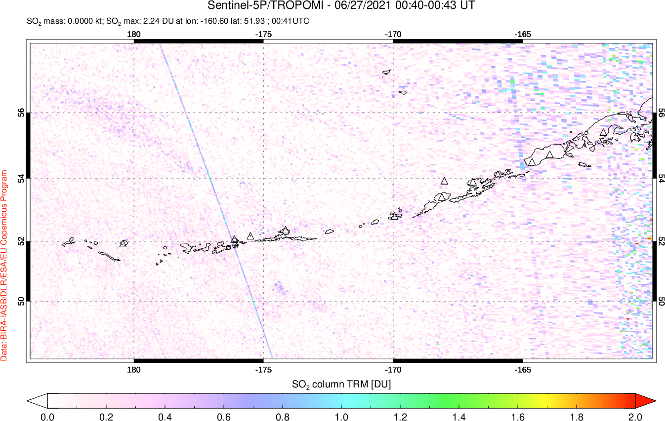 A sulfur dioxide image over Aleutian Islands, Alaska, USA on Jun 27, 2021.