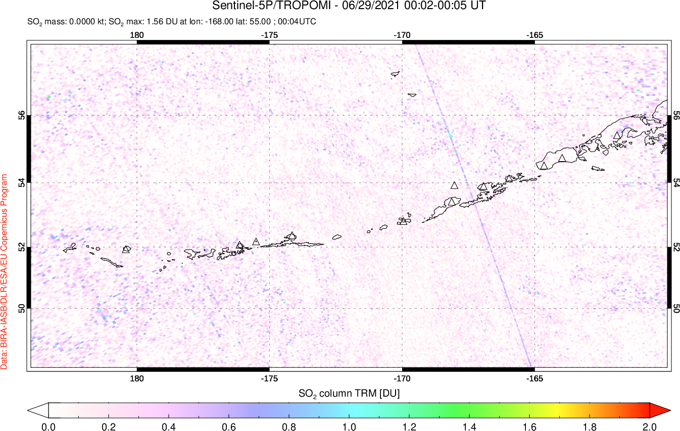 A sulfur dioxide image over Aleutian Islands, Alaska, USA on Jun 29, 2021.