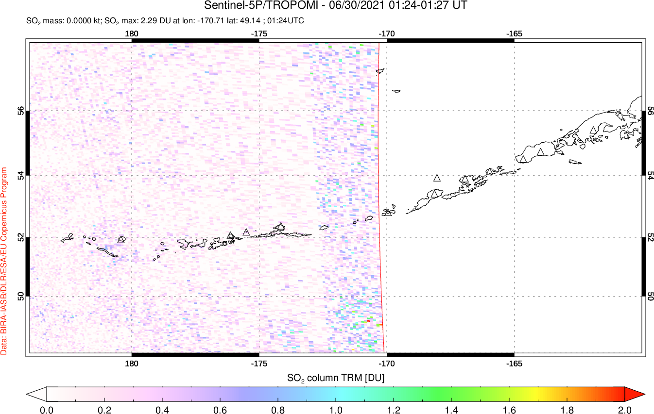 A sulfur dioxide image over Aleutian Islands, Alaska, USA on Jun 30, 2021.