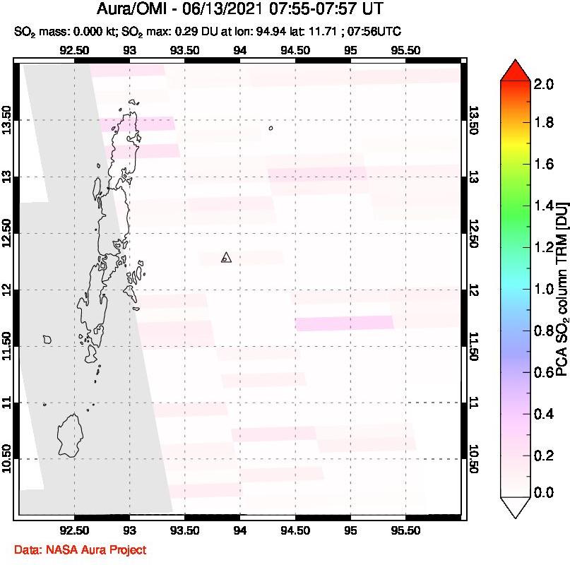 A sulfur dioxide image over Andaman Islands, Indian Ocean on Jun 13, 2021.