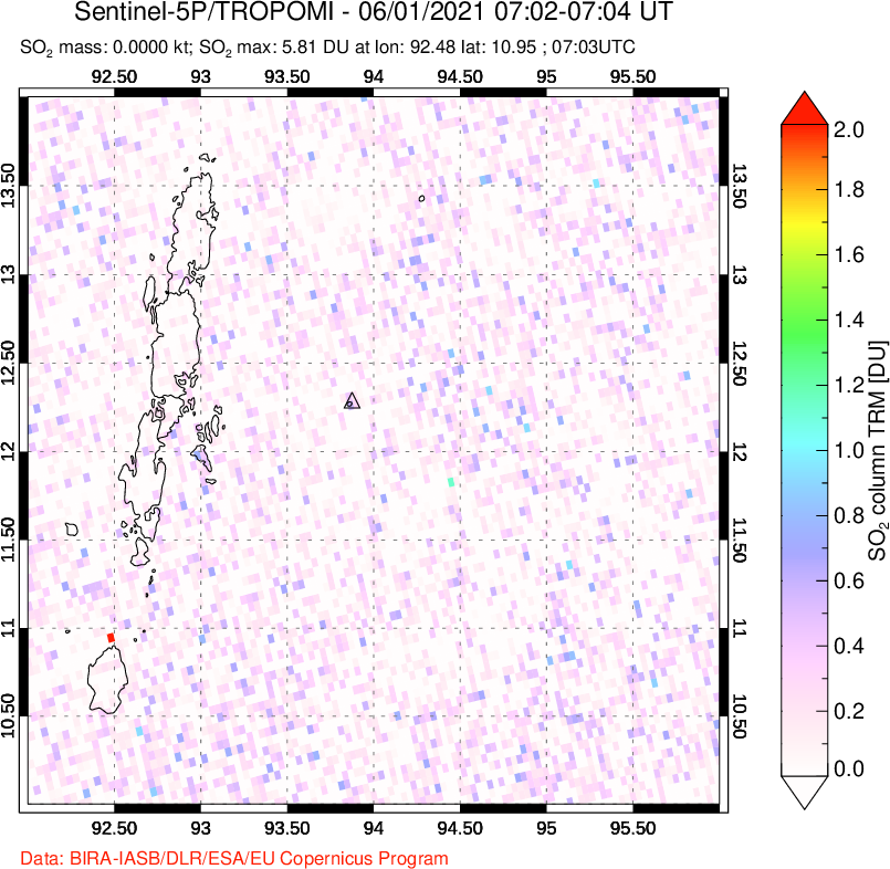 A sulfur dioxide image over Andaman Islands, Indian Ocean on Jun 01, 2021.