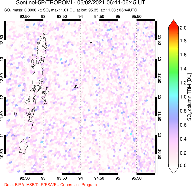 A sulfur dioxide image over Andaman Islands, Indian Ocean on Jun 02, 2021.
