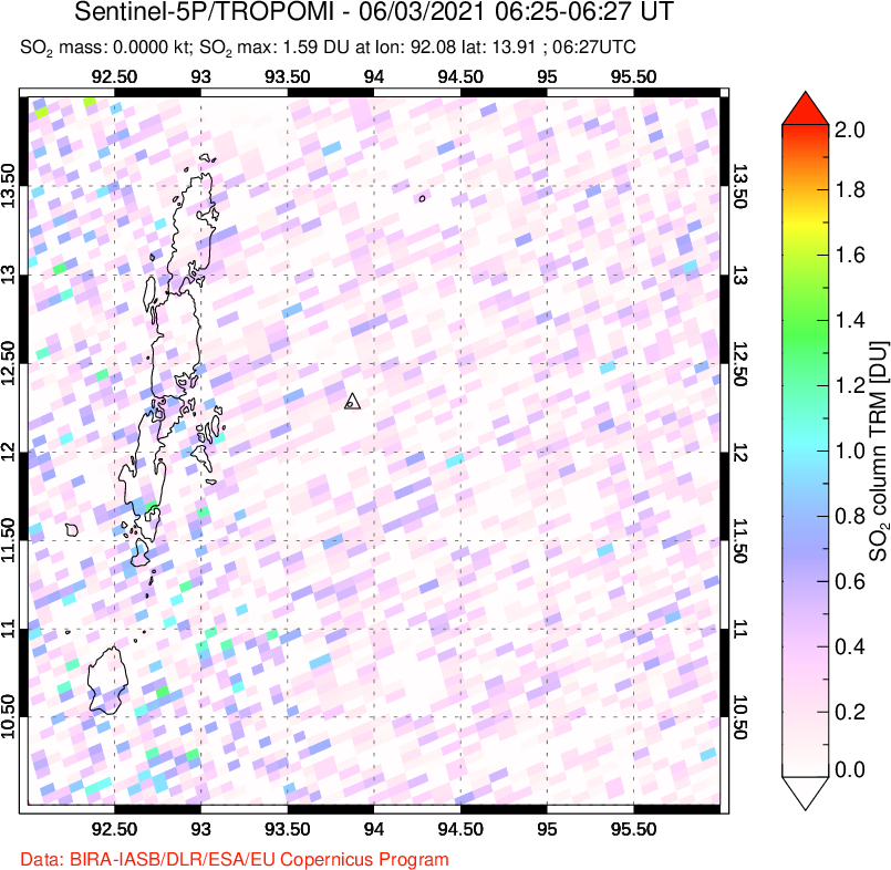 A sulfur dioxide image over Andaman Islands, Indian Ocean on Jun 03, 2021.