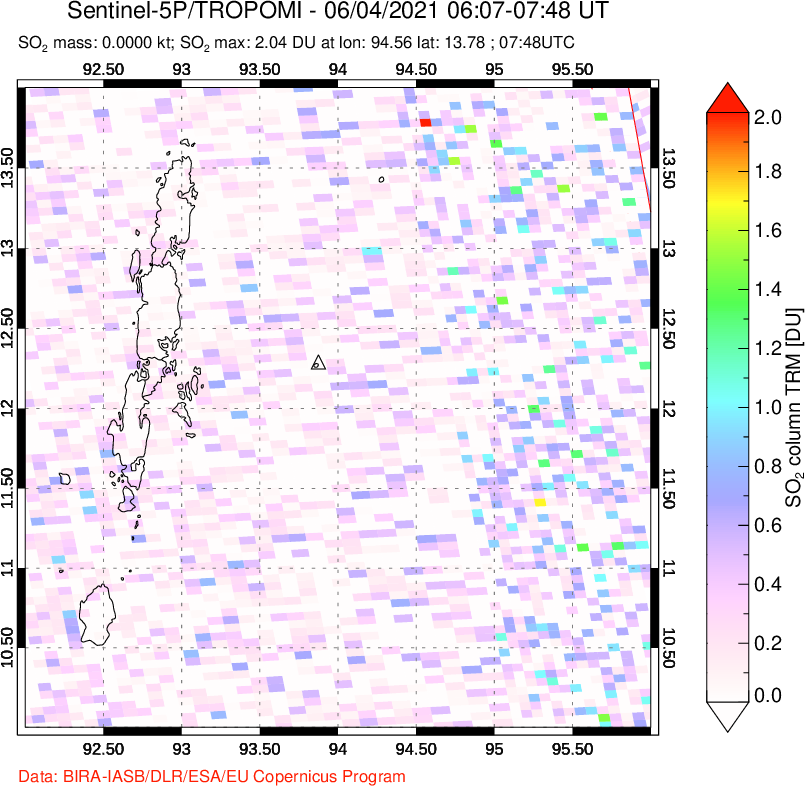 A sulfur dioxide image over Andaman Islands, Indian Ocean on Jun 04, 2021.
