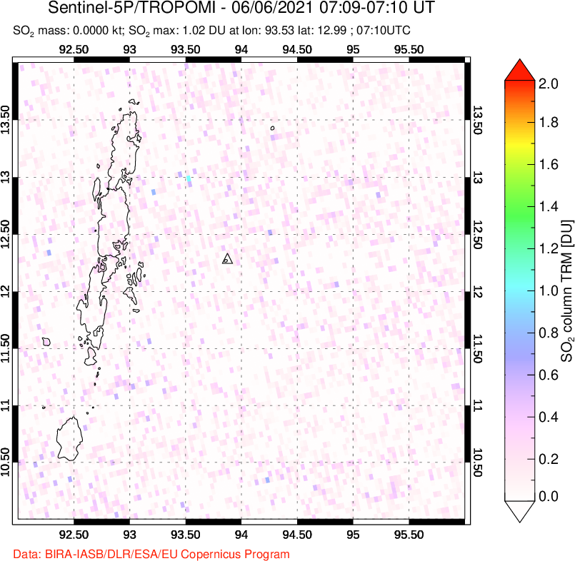 A sulfur dioxide image over Andaman Islands, Indian Ocean on Jun 06, 2021.