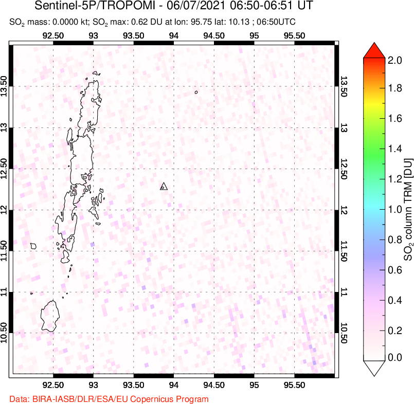 A sulfur dioxide image over Andaman Islands, Indian Ocean on Jun 07, 2021.