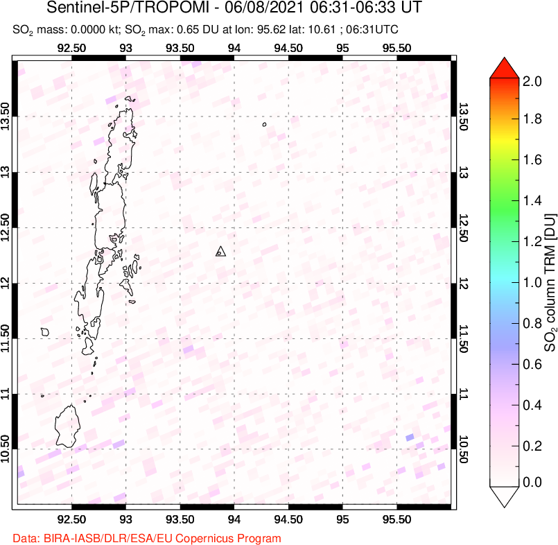 A sulfur dioxide image over Andaman Islands, Indian Ocean on Jun 08, 2021.