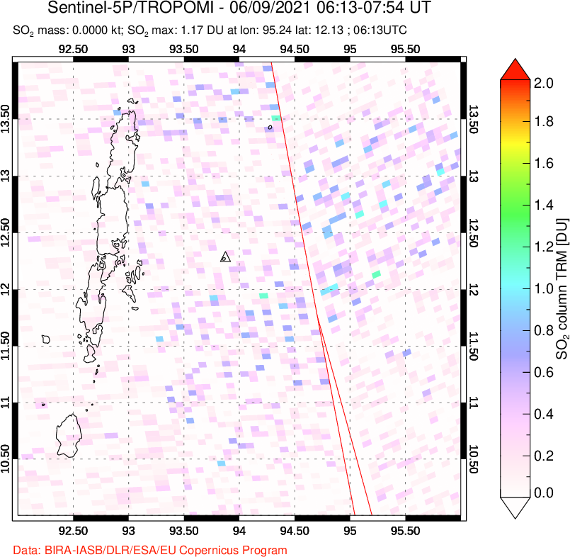 A sulfur dioxide image over Andaman Islands, Indian Ocean on Jun 09, 2021.
