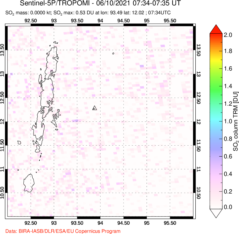 A sulfur dioxide image over Andaman Islands, Indian Ocean on Jun 10, 2021.