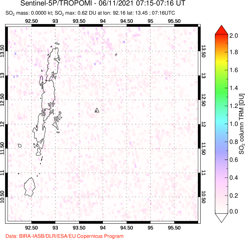 A sulfur dioxide image over Andaman Islands, Indian Ocean on Jun 11, 2021.