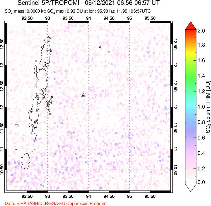 A sulfur dioxide image over Andaman Islands, Indian Ocean on Jun 12, 2021.
