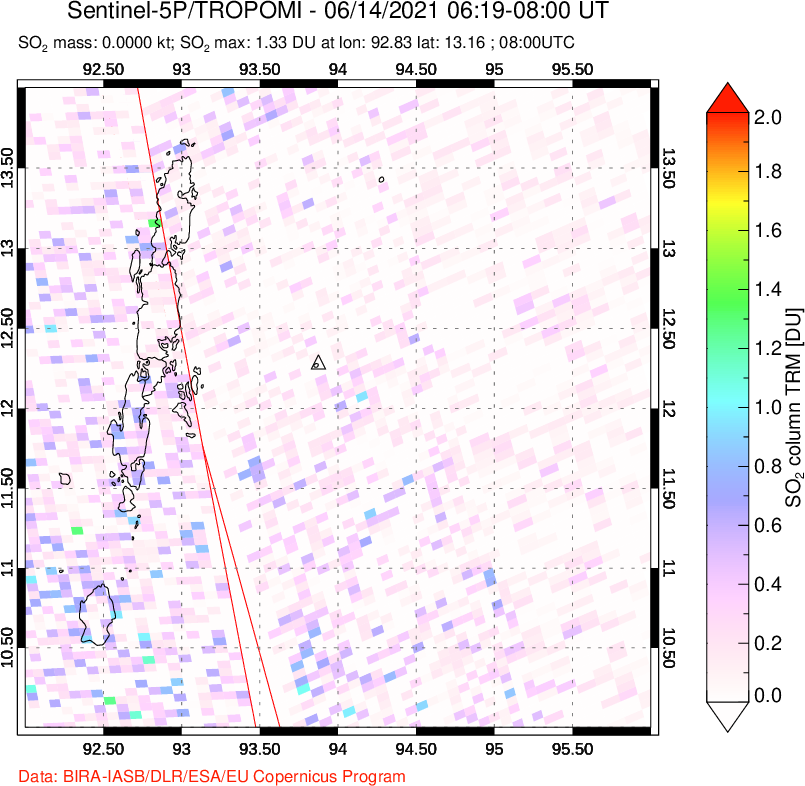 A sulfur dioxide image over Andaman Islands, Indian Ocean on Jun 14, 2021.