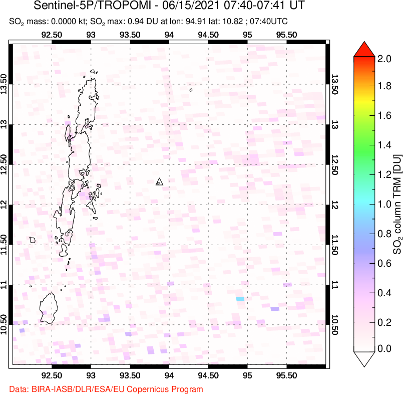 A sulfur dioxide image over Andaman Islands, Indian Ocean on Jun 15, 2021.