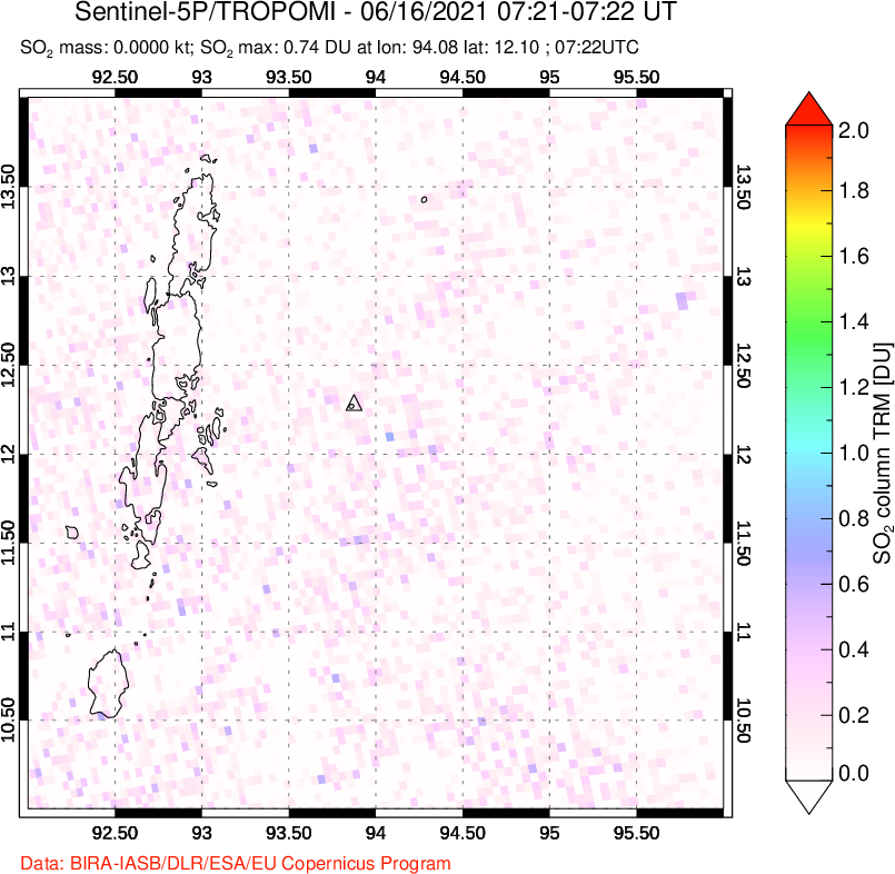 A sulfur dioxide image over Andaman Islands, Indian Ocean on Jun 16, 2021.
