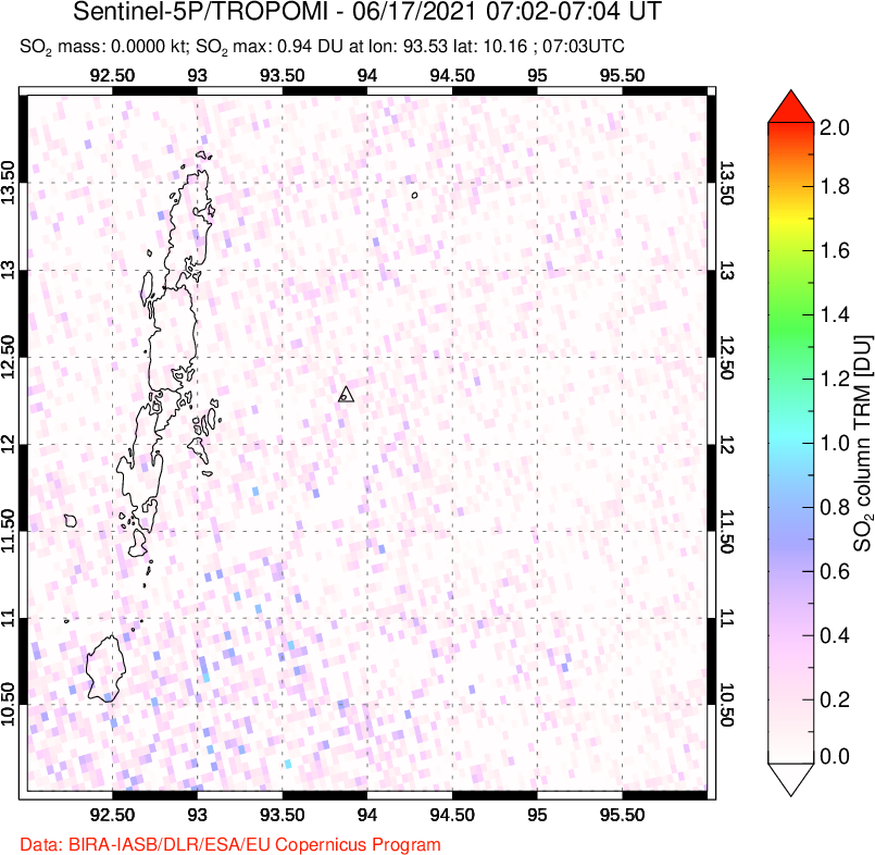 A sulfur dioxide image over Andaman Islands, Indian Ocean on Jun 17, 2021.