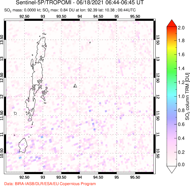A sulfur dioxide image over Andaman Islands, Indian Ocean on Jun 18, 2021.