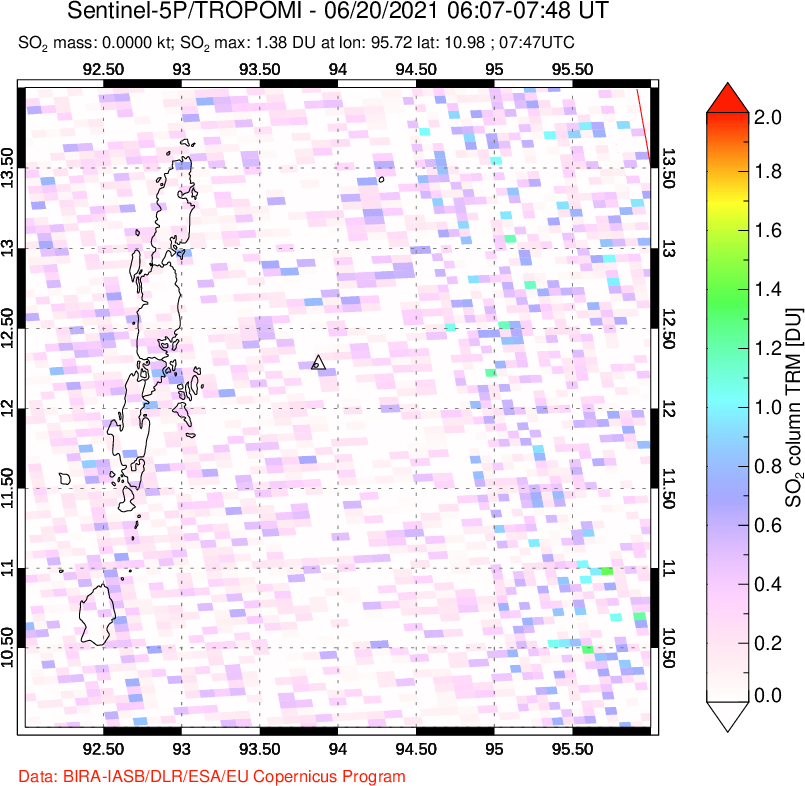 A sulfur dioxide image over Andaman Islands, Indian Ocean on Jun 20, 2021.