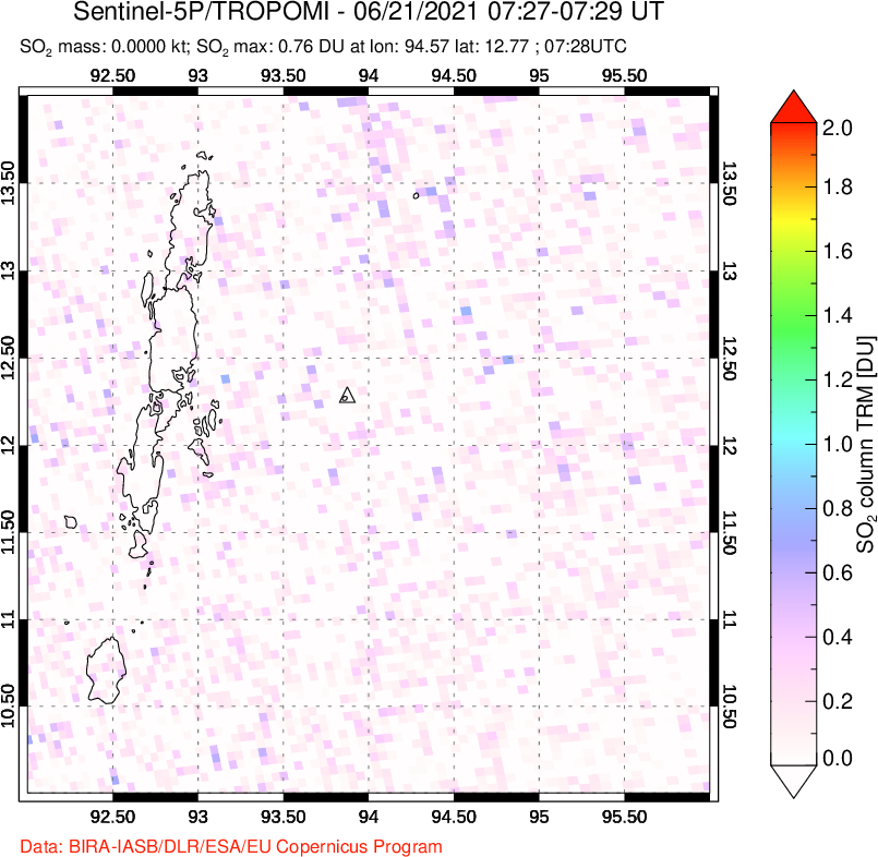 A sulfur dioxide image over Andaman Islands, Indian Ocean on Jun 21, 2021.