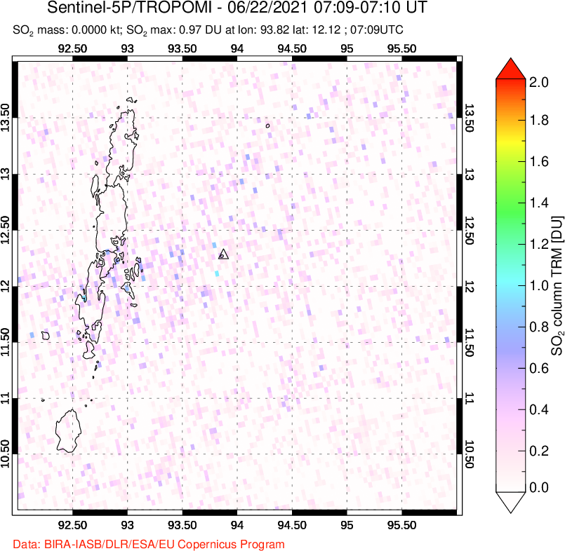 A sulfur dioxide image over Andaman Islands, Indian Ocean on Jun 22, 2021.
